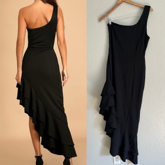 NWOT Steal a Glance Black One-Shoulder Asymmetrical Midi Dress - Picture 3 of 8